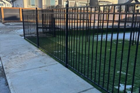 Black ornamental steel fence enclosing a residential yard.